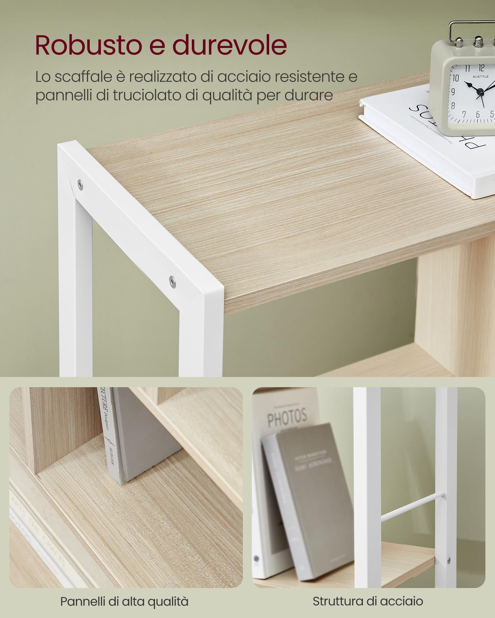 VASAGLE Libreria, Scaffale Portaoggetti, Libreria Verticale a 4 Ripiani, Mobile per Salotto Studio Ufficio Cucina, Struttura in Acciaio, Stile Moderno, Beige Naturale e Bianco Nuvola LBC022LL01