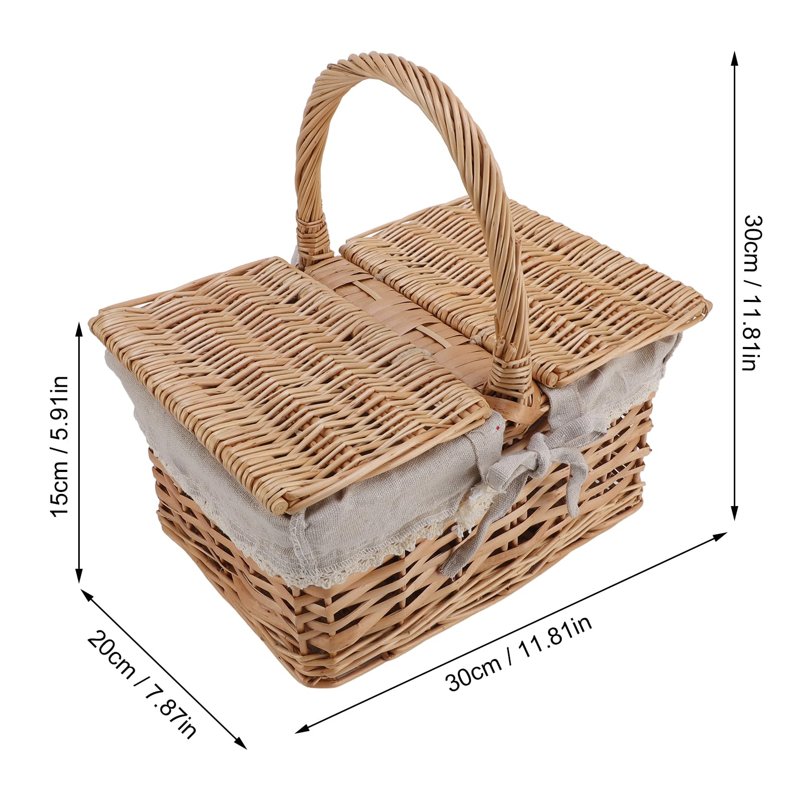 Cesta de picnic de mimbre grande con tapa, 30 x 20 x 15 cm, plegable, cesta tejida a mano con asa, cesta de la compra de mimbre, cesta vacía de regalo para frutas, dulces, vino,