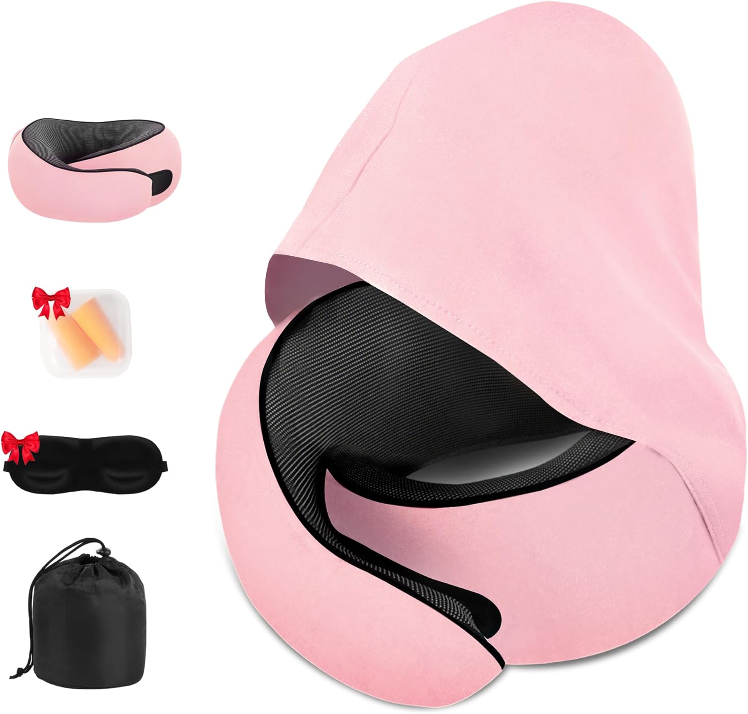 Travel Neck Pillow, Newly Upgraded Hooded Neck Pillow,100% Pure Memory Foam Travel Pillow for Flight Headrest Sleep,Portable Aircraft Accessory,Suitable for use in Plane/Car/Office(Pink)