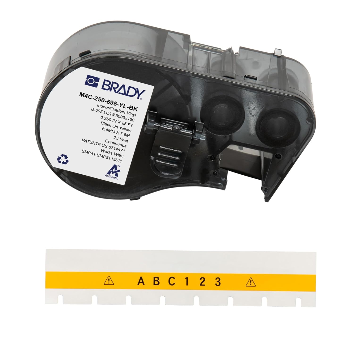 Brady Authentic (M4C-250-595-YL-BK) All-Weather Permanent Adhesive Vinyl Labels 0.25 in W x 25ft Black on Yellow. for use with BMP41, BMP51, M410, M510, and M511 Label Printers.