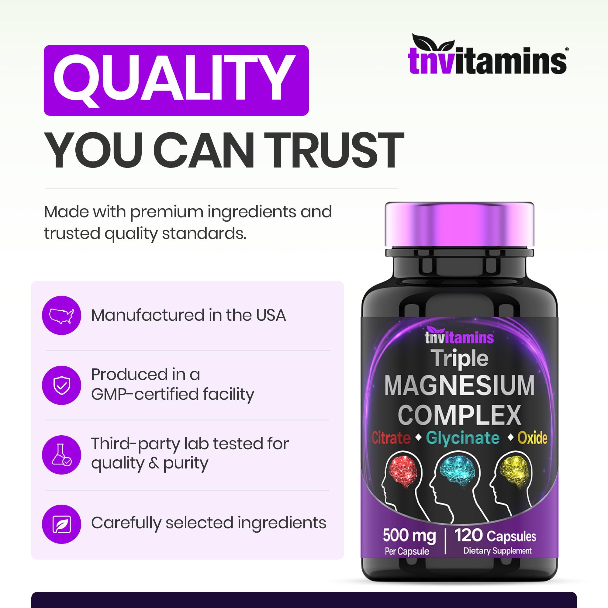 Triple Magnesium Complex Supplement 500mg: Magnesium Glycinate, Citrate, & Oxide - 120 Capsules (4 Month Supply!) | 1 Capsule Serving Provides 125% Daily Value | Non-GMO, Made in the USA! — Amazon image 7