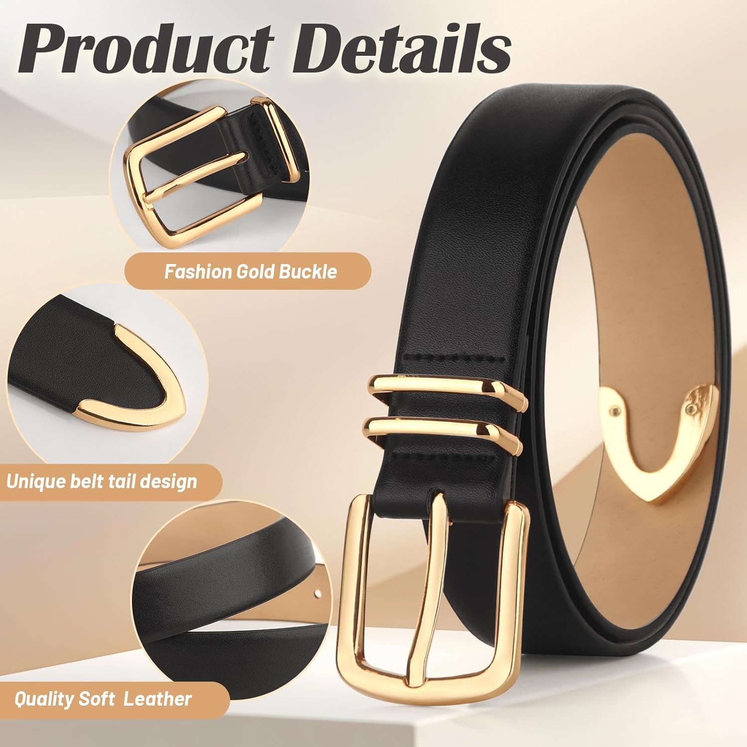 Monoluxe Pack 2 Women Belts for Ladies Jeans Pants with Fashion Faux Leather Gold Buckle - Image 4