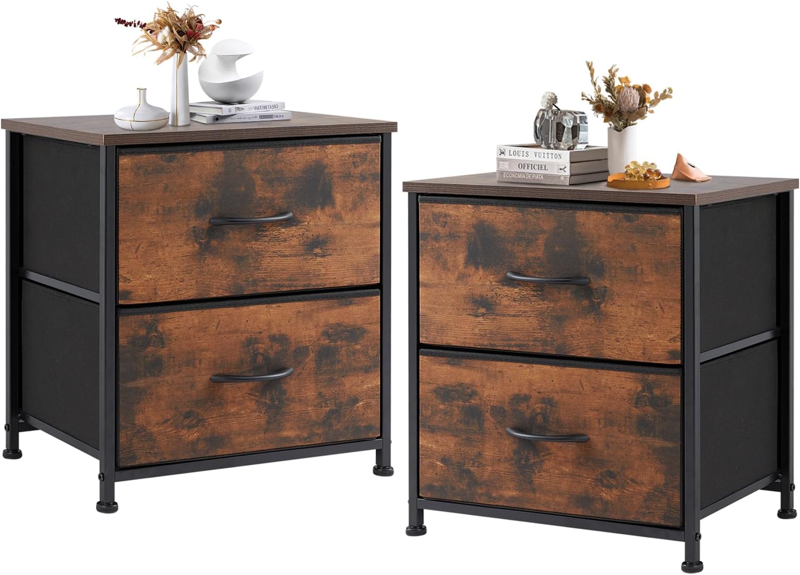 DUMOS Nightstand Set of 2, Small Dresser with 2 Fabric Drawers Side Tables Bedroom End Table Kids Bedside Storage Furniture for 25 inch Tall Night Stand for Closet, Entryway, College Dorm, Rust Brown