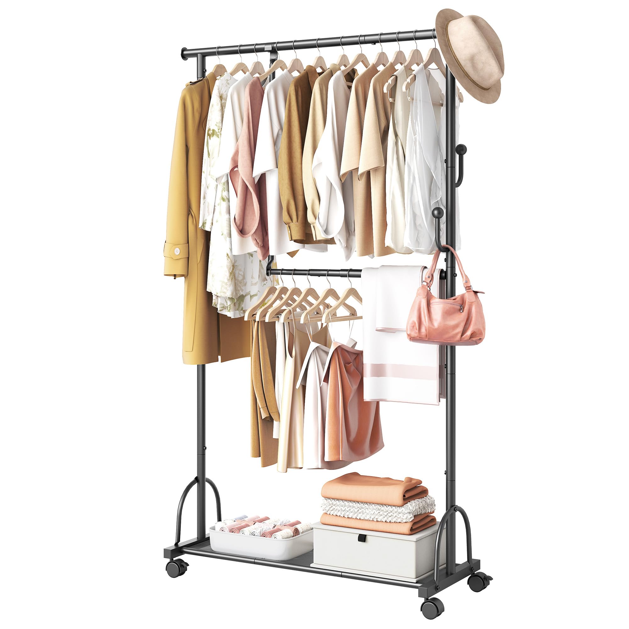 Gewudraw Clothing Rack, Adjustable Clothes Rack on Wheels, Load 61KG, Black