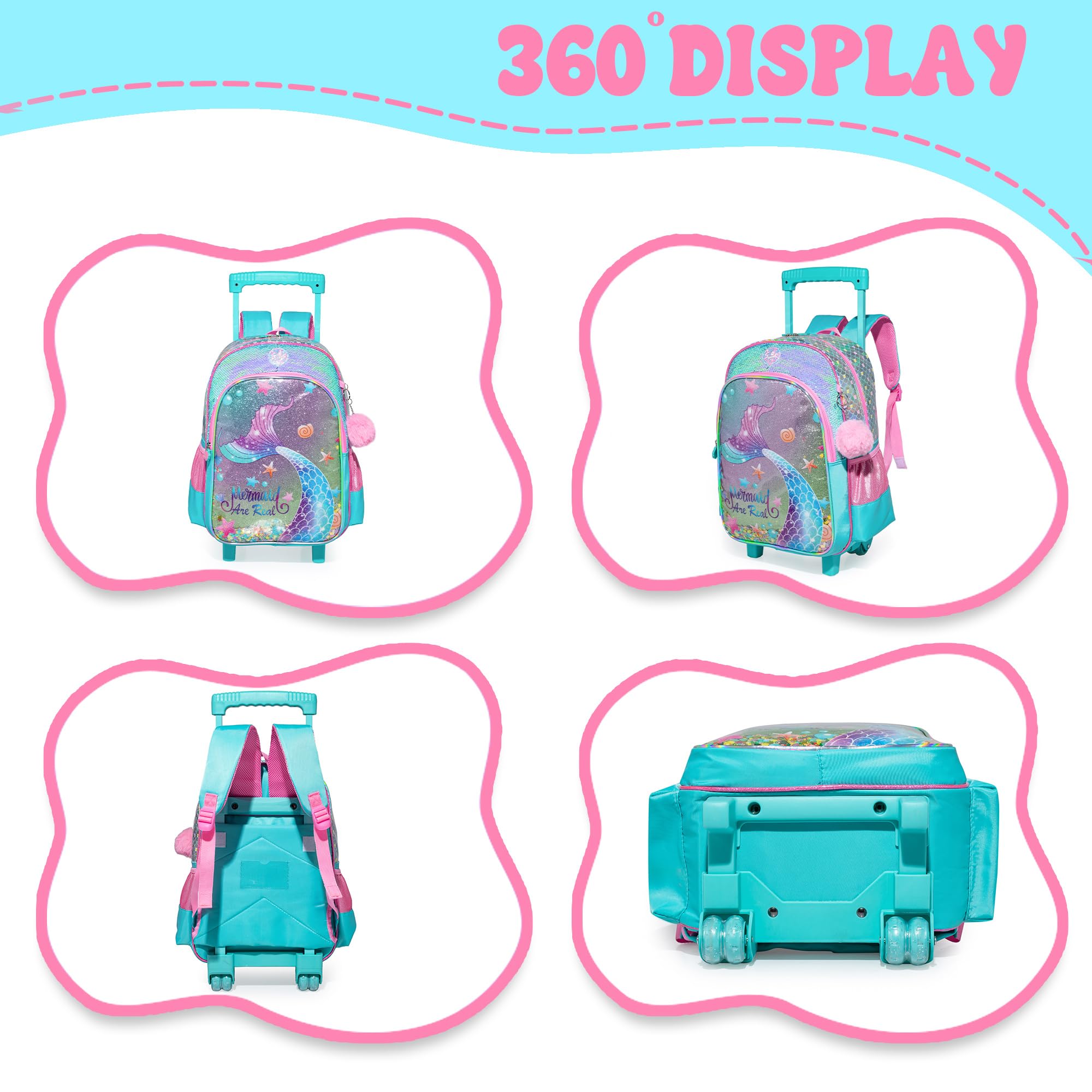 HTgroce Trolley Rucksack Mit Rollen, Federmäppchen, LunchTasche 3 in 1 Leicht Rolling Schulranzen für Mädchen, Schultaschen Trolley Sets