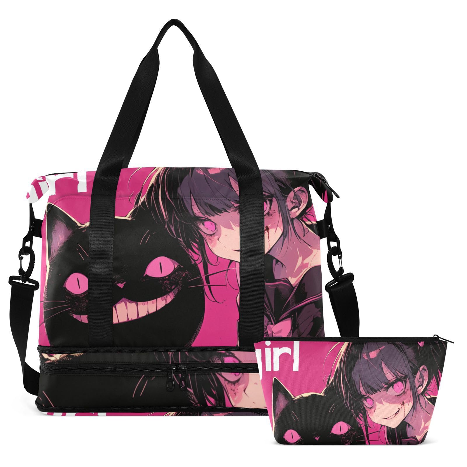 Peach Black Psycho Girl Bolsa de viaje con bolsillo húmedo, correa ajustable, bolsa de viaje para gimnasio, gran capacidad para hombres y mujeres