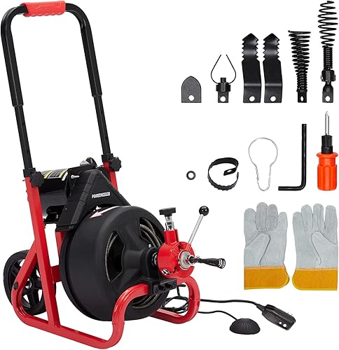 Máquina limpiadora de drenaje de 75 pies x 38 pulgadas, barrena de drenaje eléctrica de alimentación automática con 6 cortadores, guante, barrena de