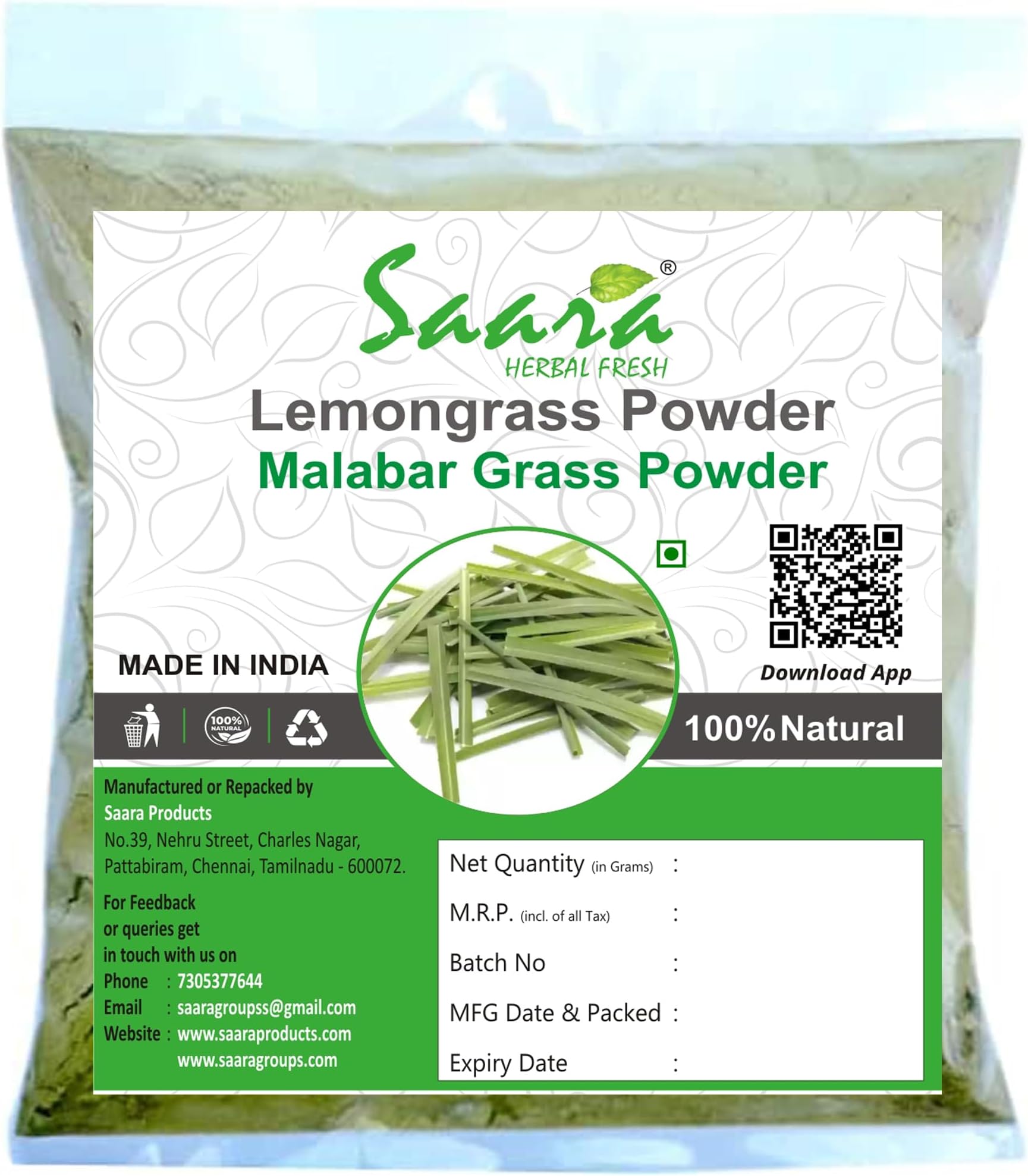 Saara HERBAL FRESH Lemongrass leaves Powder, 150 grams, Cymbopogon Citratus, Bhutruna, Hari Chhay, Malabar grass powder, 150 grams, (pack of 1 x 100 grams, Pack of 1 X 50 grams)