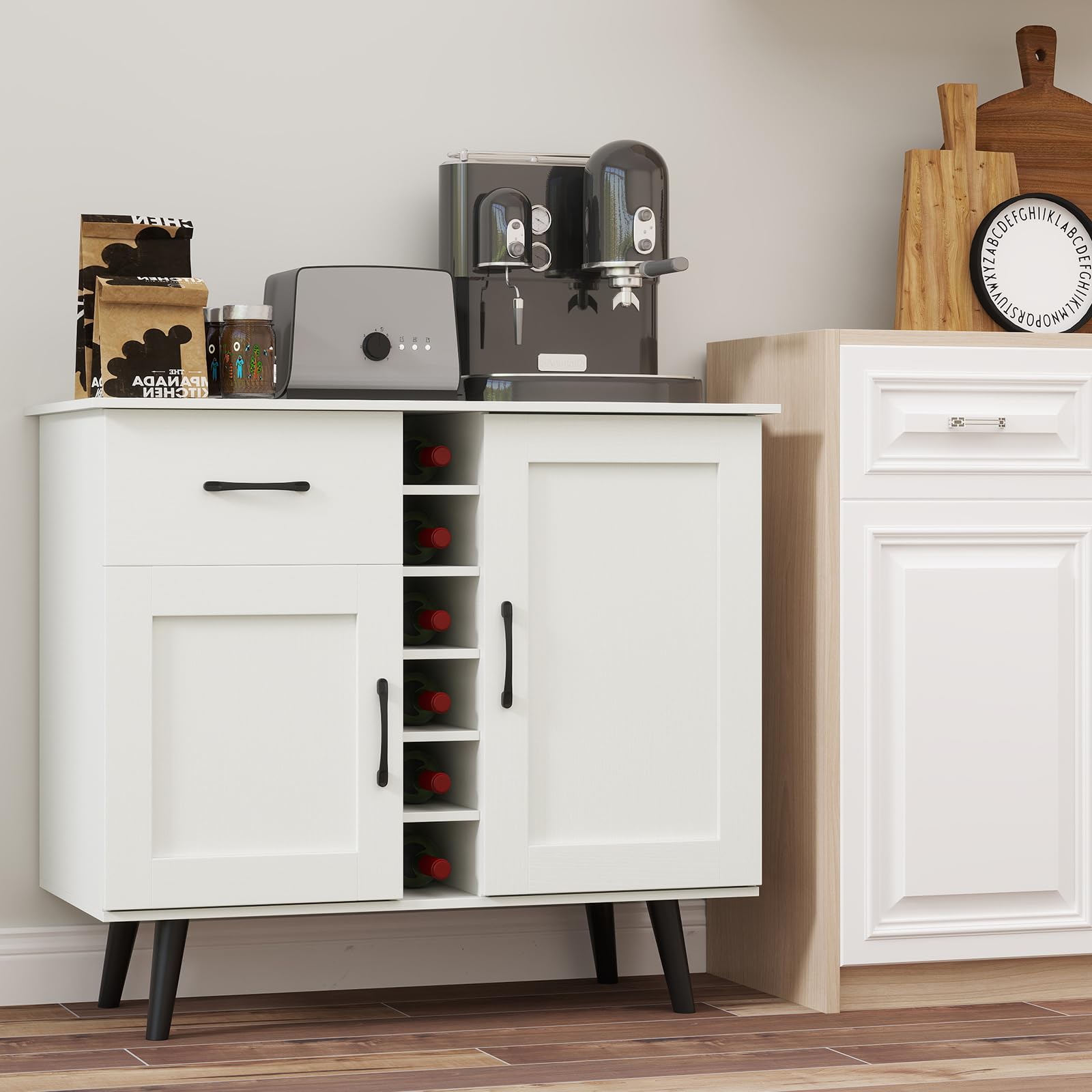 RELAX4LIFE Mobile Bar per Vino, Credenza con 2 Ante e 1 Cassetto, Porta Bottiglie da 6, Ripiani Regolabili, Credenza con Spazio per Vino per Cucina, Sala da Pranzo, Soggiorno