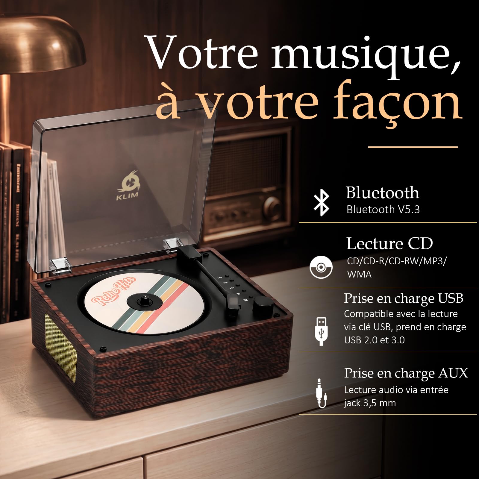 Heritage Lecteur CD Bluetooth de Salon - Haut-Parleurs Intégrés - Radio FM