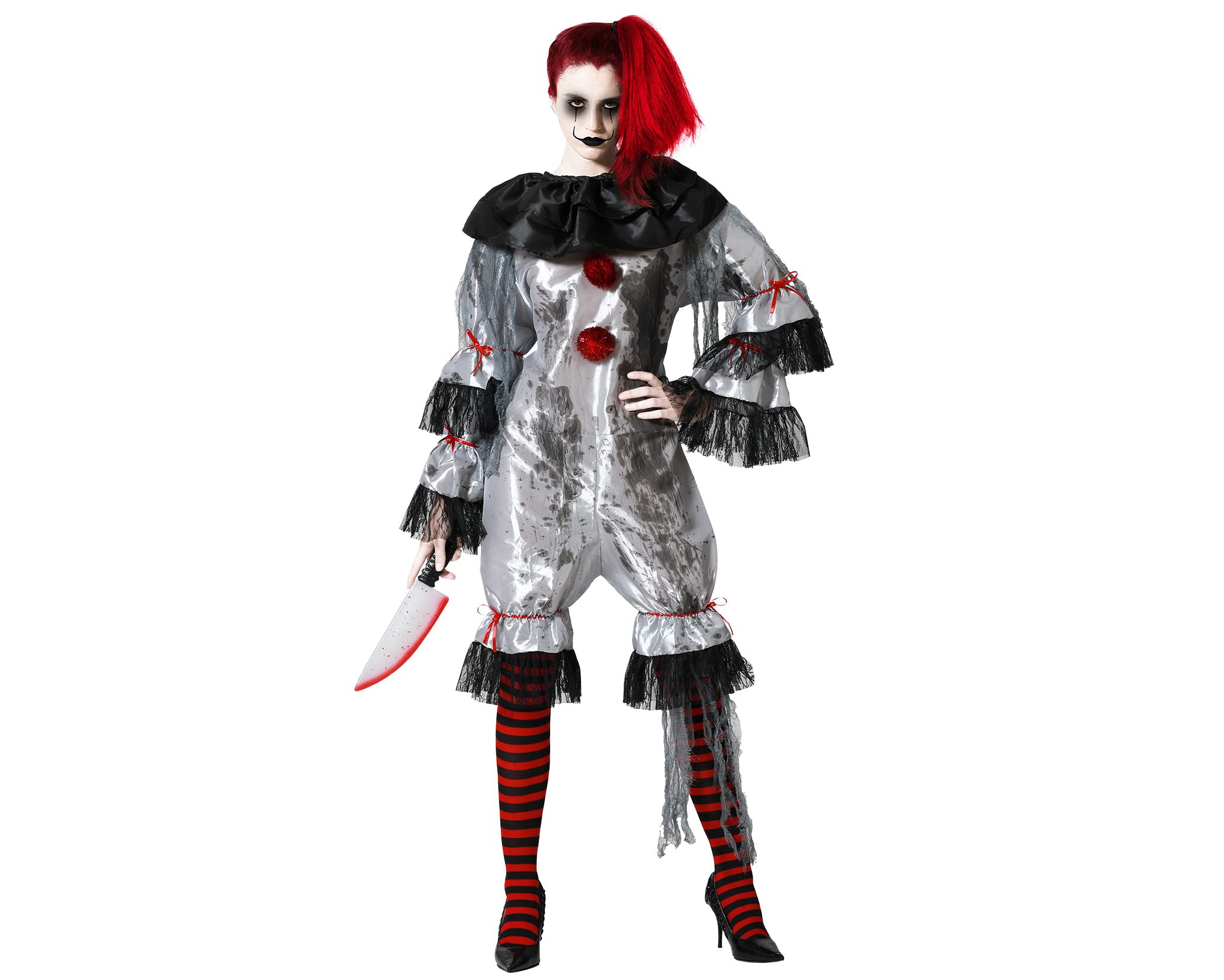 Atosa Disfraz Halloween Payasa Macabra Gris Adulto Mujer, Inspirado en Pennywise, Mono con Detalles Terroríficos y Cuello Satinado