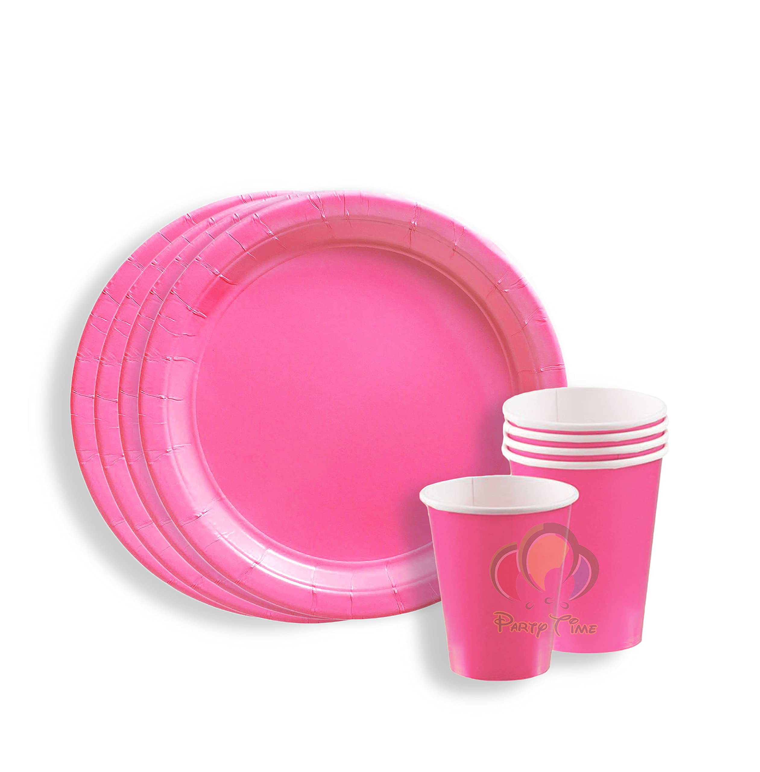 PARTY TIME12 Pieces Party Supplies Tableware Set Includes 6-9" Paper Dinner Plates 6-9 Oz Cups for Plain Color Theme Disposable Dinnerware Birthday Parties (Pink)