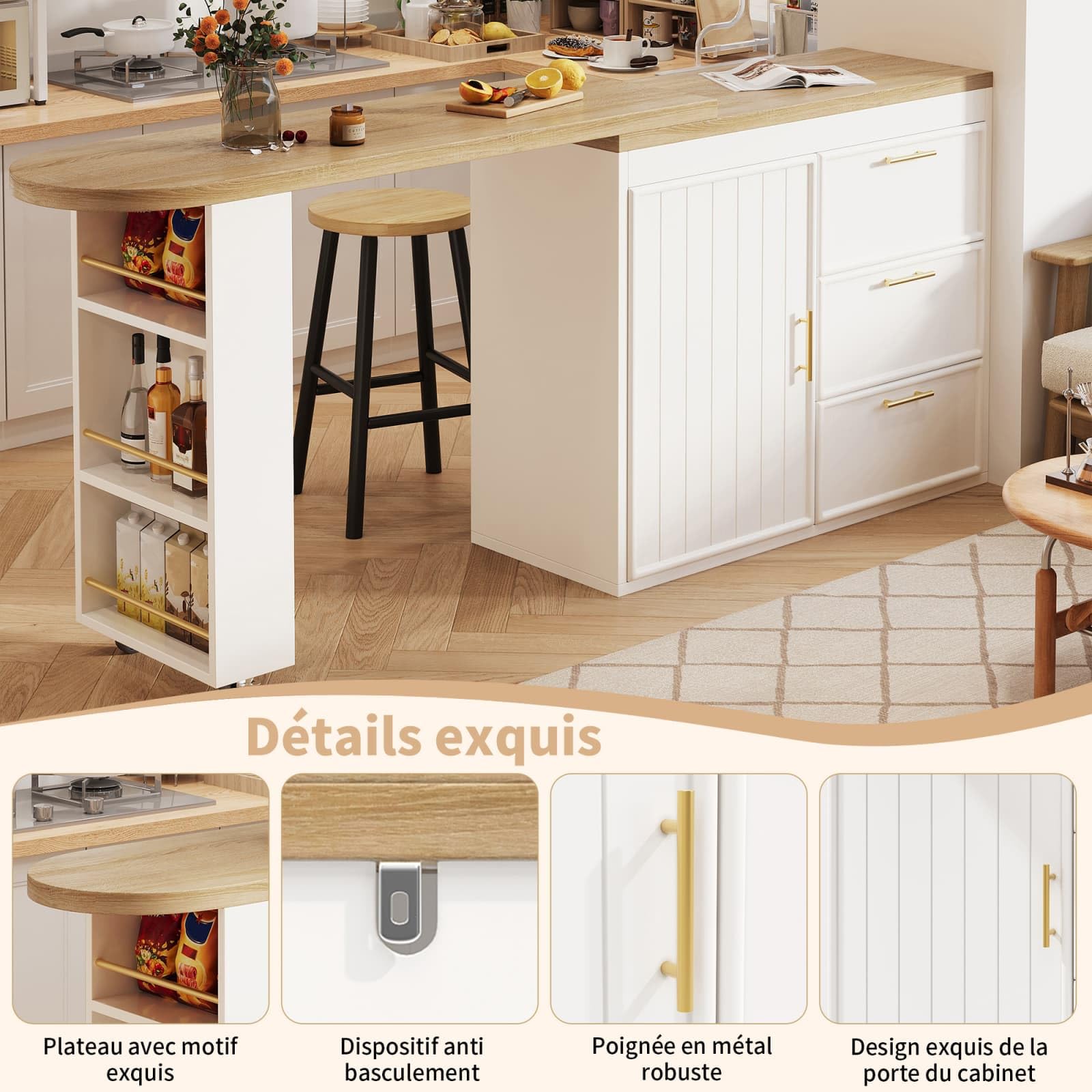 Sweiko Meuble Bar Rotatif 360° avec 3 tiroirs et 1 Porte, Buffet avec étagère latérale, Table d’appoint pour Salon, Salle à Manger, Cuisine ou Espace Bar