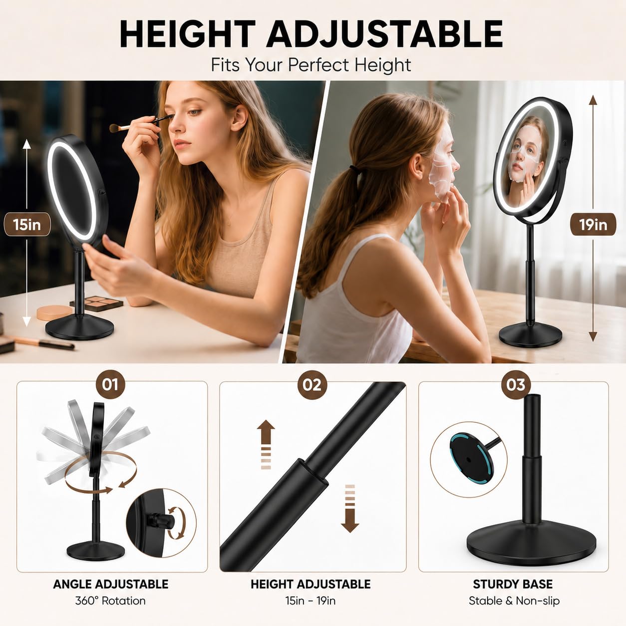 O'VANTAGE 9" Black Lighted Makeup Mirror, Rechargeable 1X/10X Vanity Mirror