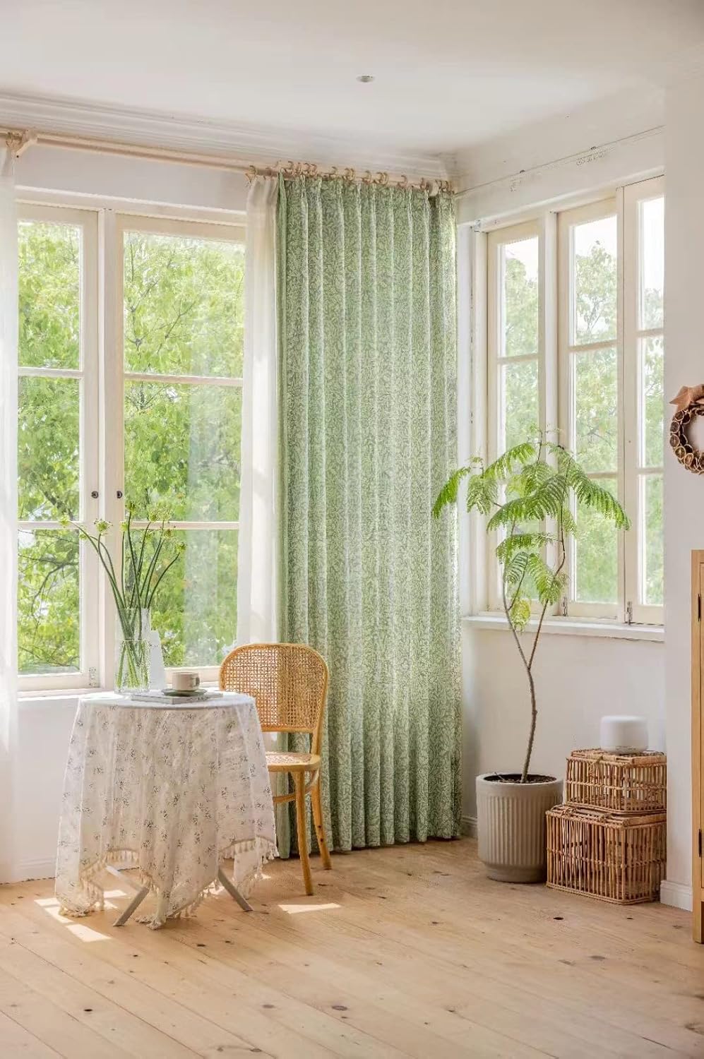 Sage Green Boho Curtains for Bedroom Living Room 84 Inches Long Semi Blackout Farmhouse Curtains 1 Pannel Linen Window Curtain Panel, White Floral Pattern Curtain Drapes (Pinch Pleated, 72" W x 84" L)