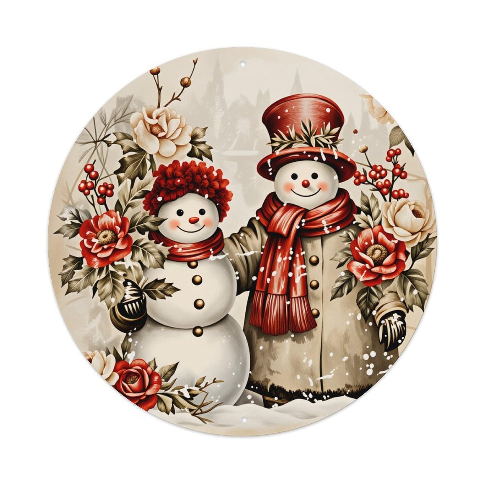 Snowman Couple Floral Winter Scene Round Tin Sign Vintage Metal Poster Retro Bar, Home, Man Cave, Kitchen, Laundry Room Wall Art Decor Gift 8x8In