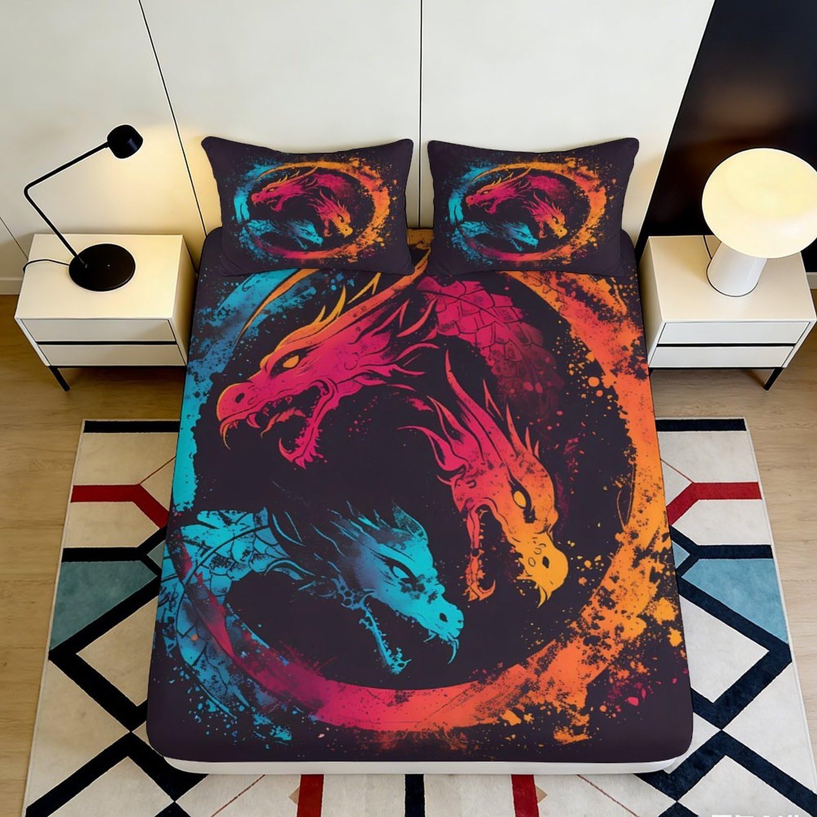 3D Printed Fire Dragon Fitted Sheet Microfiber Soft Breathable Ice Dragon Bed Cover for Bedroom Dorm Decoration 140x200x25cm