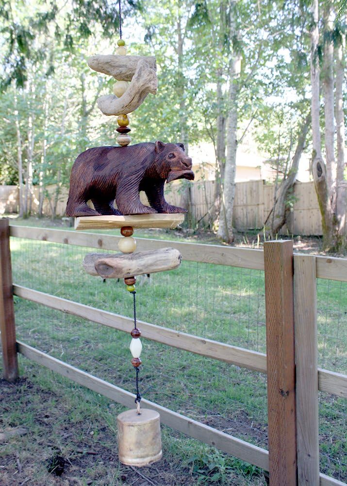 Cohasset Gifts Wind Chime Bell | #547 | Carved Bear w/Salmon Cohasset Bell | Wood, Outdoor, Home Décor for Decks, Garden, Porch | Hand Carved Brown Mahogany Finish |
