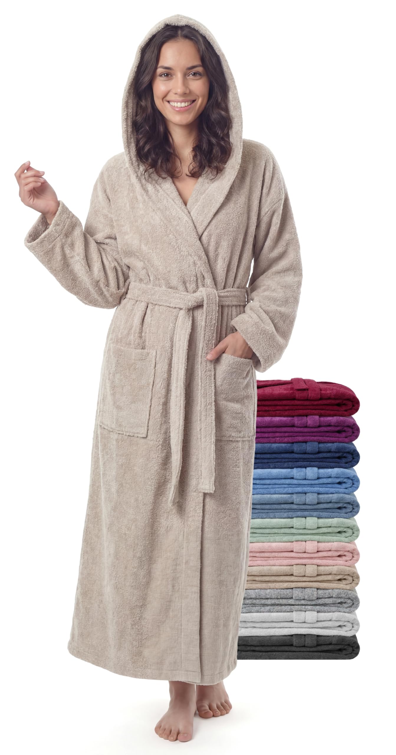 Jazzylab Women's Latte ’S Extra Long Bathrobe With Hood, 100% Cotton Terry 380 Gsm, Xxl Long