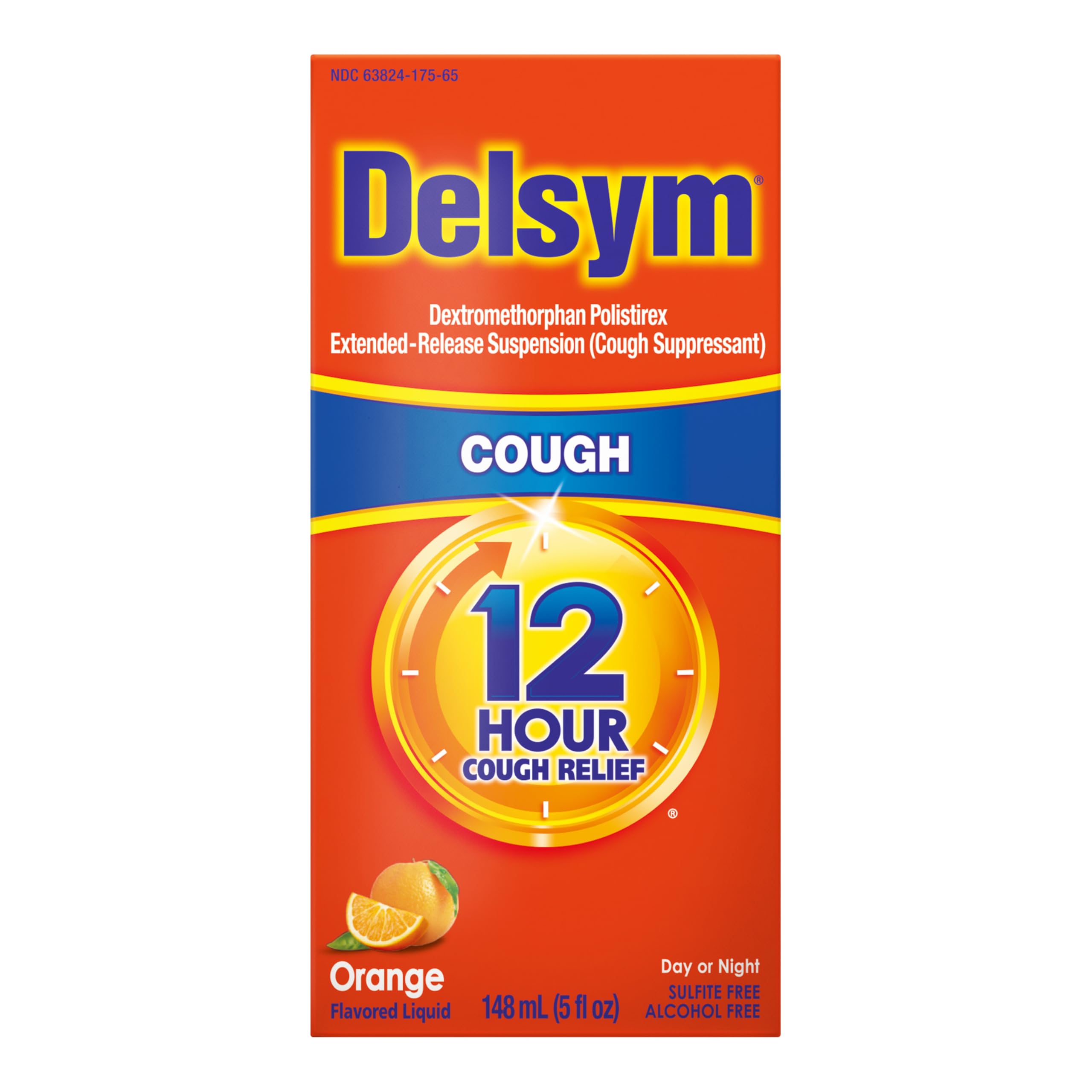 Delsym 12 Hour Cough Medicine for Adults, Powerful Relief for 12 Hours, Cough Suppressant Liquid with Extended-Release Dextromethorphan, Orange Flavor Liquid Cough Syrup, 5 Fl Oz (Pack of 1)