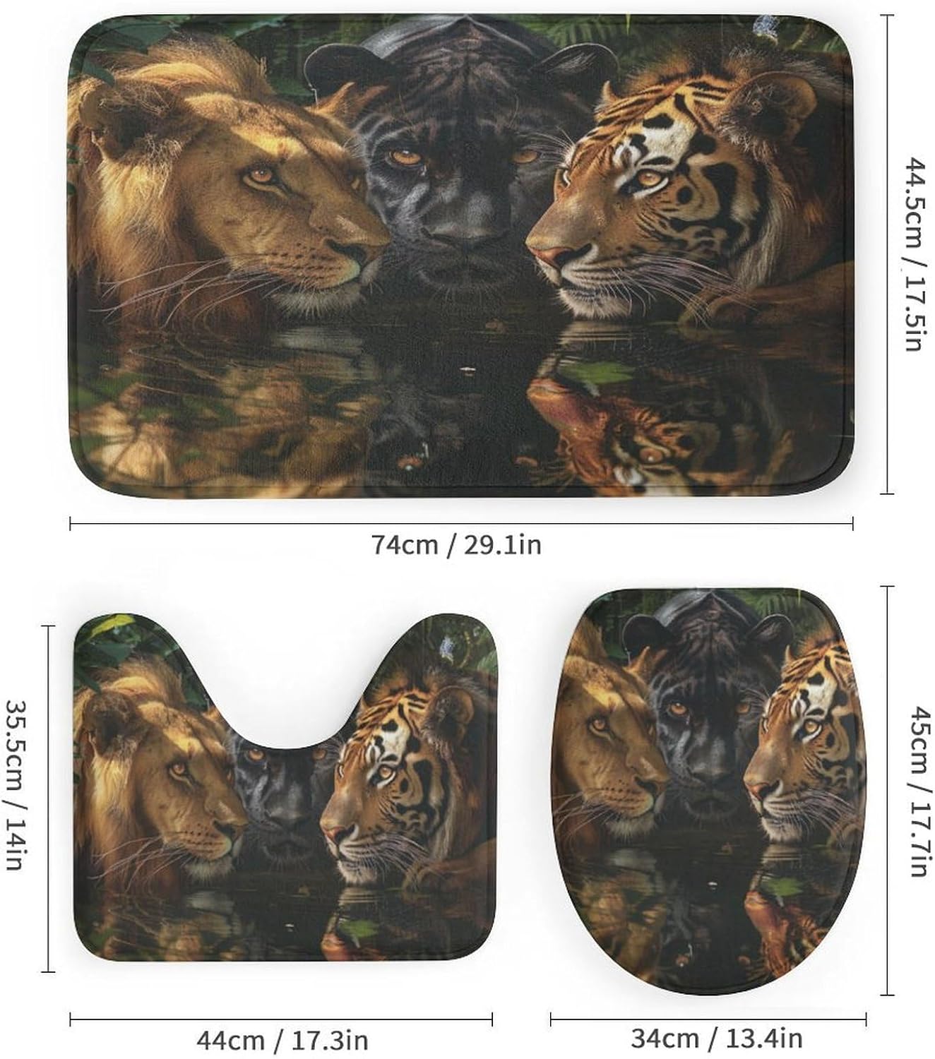 4Pcs Forest Tiger Lion Shower Curtain, Powerful Wildlife Jungle Animal Shower Curtain Sets with Toilet Lid Cover, U-Shaped Mat and Non-Slip Rugs, Bathroom Decor Set, 72" x 72"