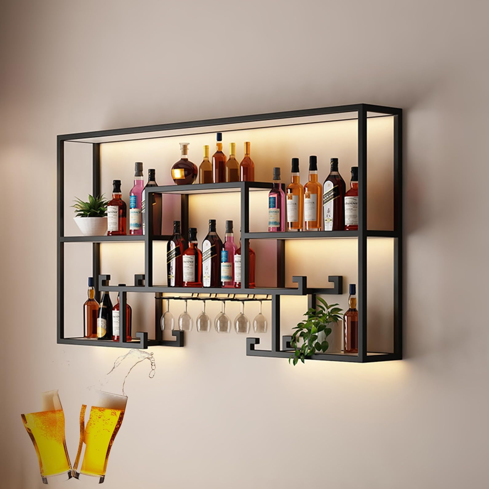 Soporte de botellas con luz LED de pared hecho en hierro para restauración
