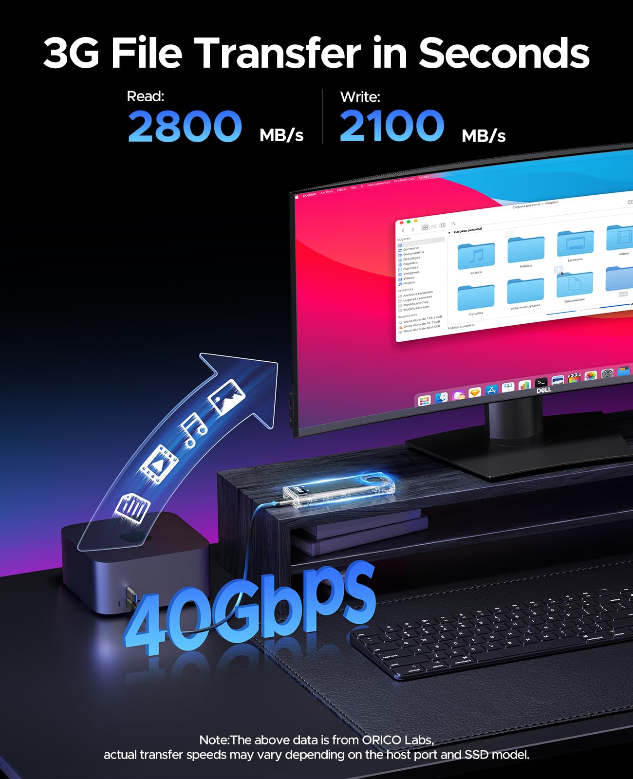 ORICO Obudowa NVMe SSD 40 Gbps z wentylatorem, beznarzędziowa obudowa M.2 SSD do Thunderbolt 4/3 USB 3.2/3.1/3.0, przezroczysty adapter M2 obsługuje M-Key SSD 2230/2242/2260/2280, TCM2-U4-BK