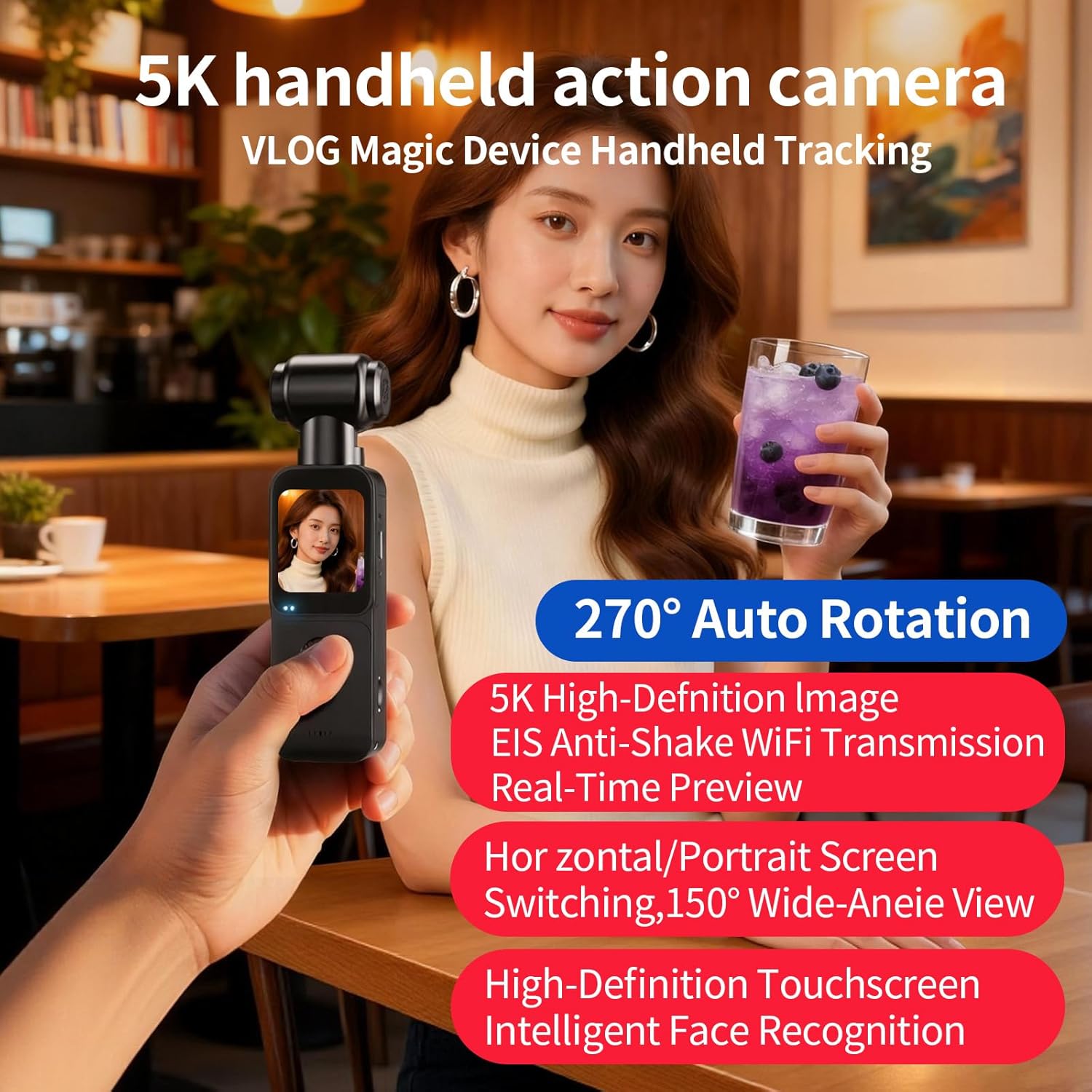 5K HD Handheld Camcorder, Pocket Vlogging Camera with 270° Rotation | 16MP Photo, WiFi, Touchscreen, Autofocus & EIS for Travel, POV Sports & Vlog (128GB)