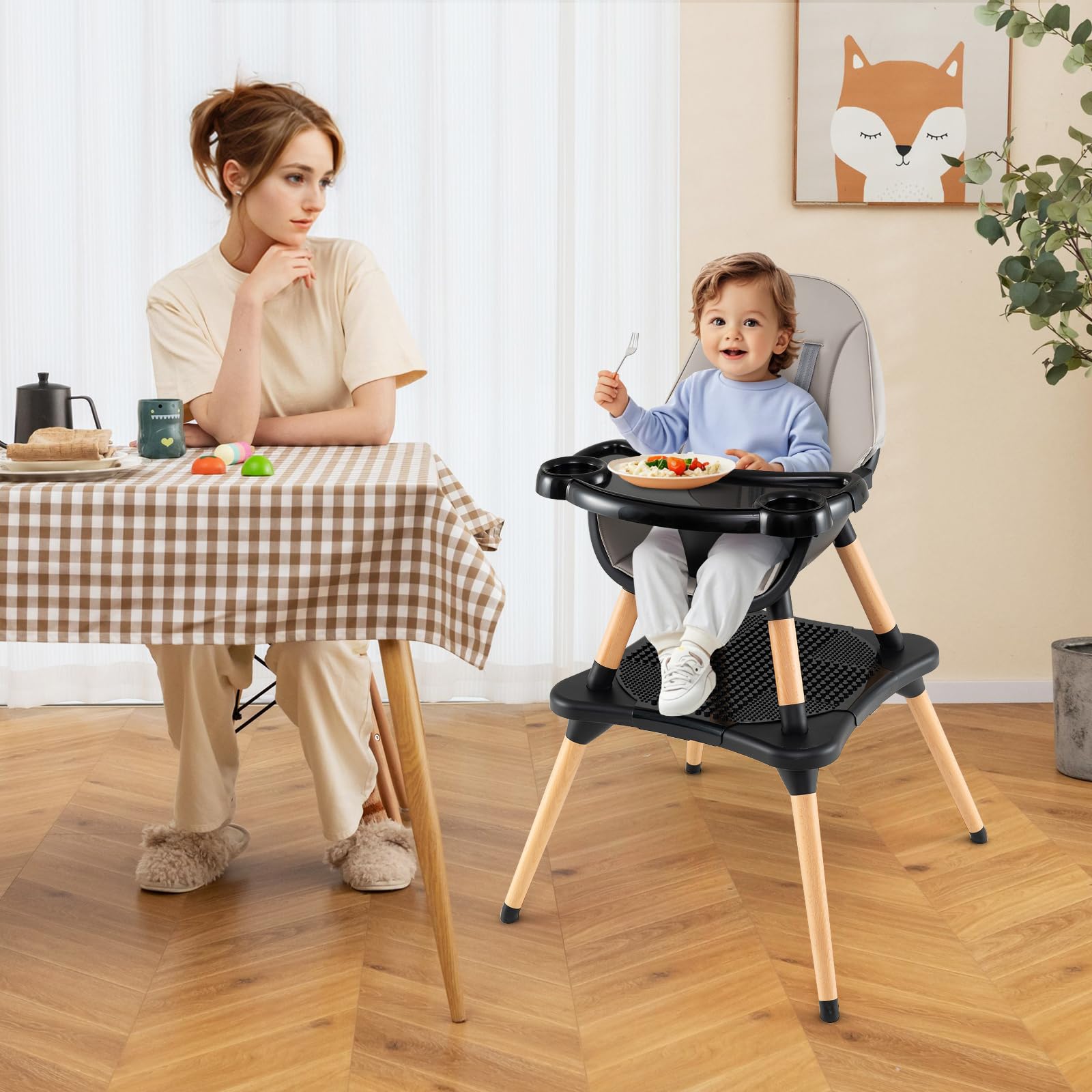 RELAX4LIFE 4 in 1 Seggiolone Pappa, Seggiolone Evolutivo con Vassoio Rimovibile e Cintura di Sicurezza, Altezza Regolabile in 4 Posizioni, per Bambini e Neonati 6-36 Mesi (Standard, Grigio Scuro)