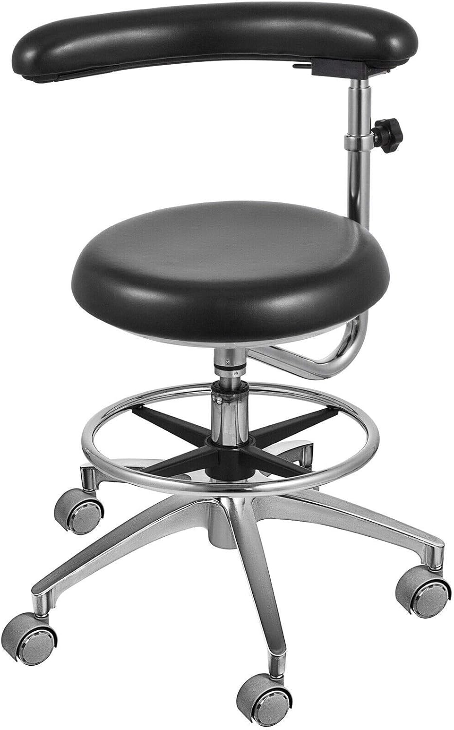 Black Dental Assistant Stool 360° Rotation Armrest PU Leather Backrest Medical Office