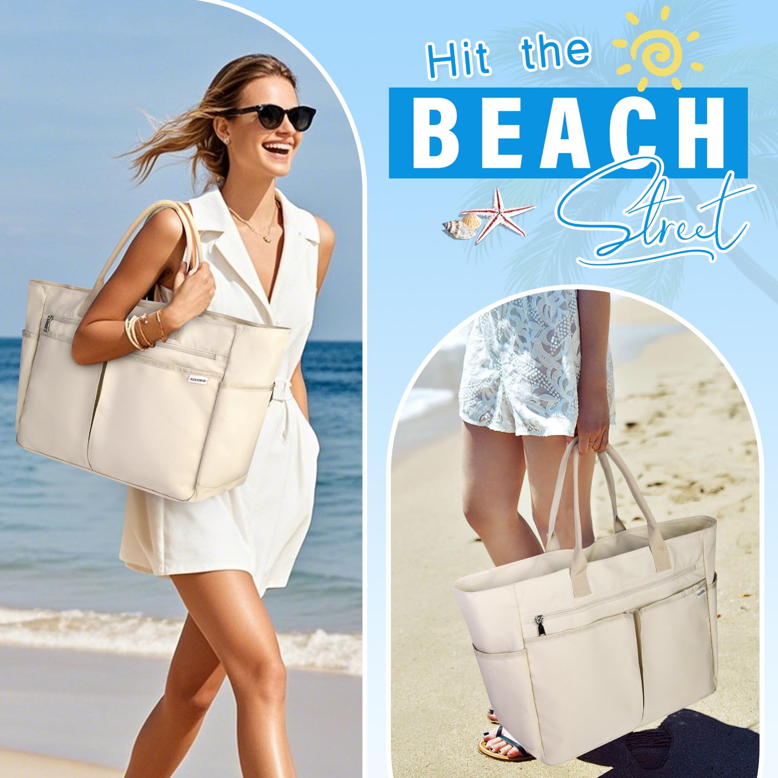 IGOLUMON Strandtasche XXL Familie Groß Badetasche mit Reißverschluss Wasserdicht 40L Vielseitiger Shopper Damen Tote Bag für Strand Pool Fitnessstudio Reisen Khaki