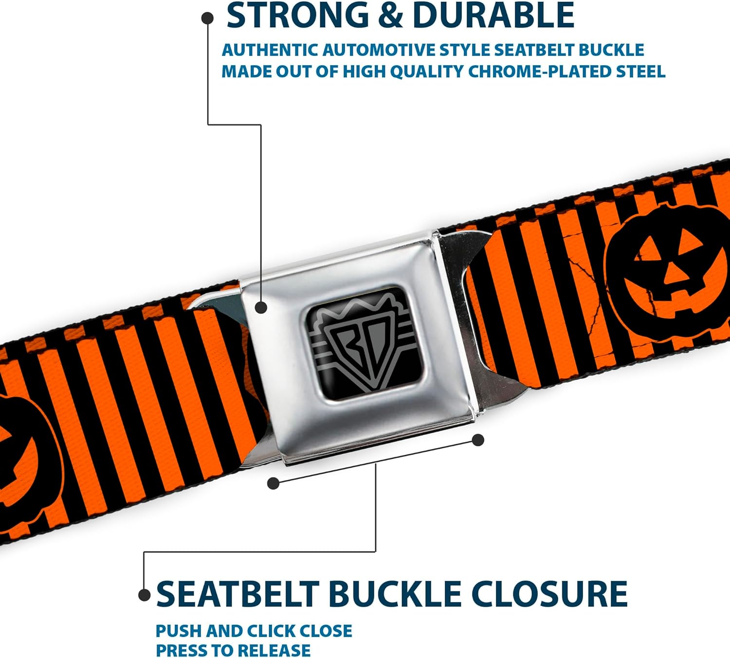 Buckle-Down Belt Seatbelt Buckle Jack O Lantern Pumpkin Stripe Orange Black Mens Womens Kids Adjustable