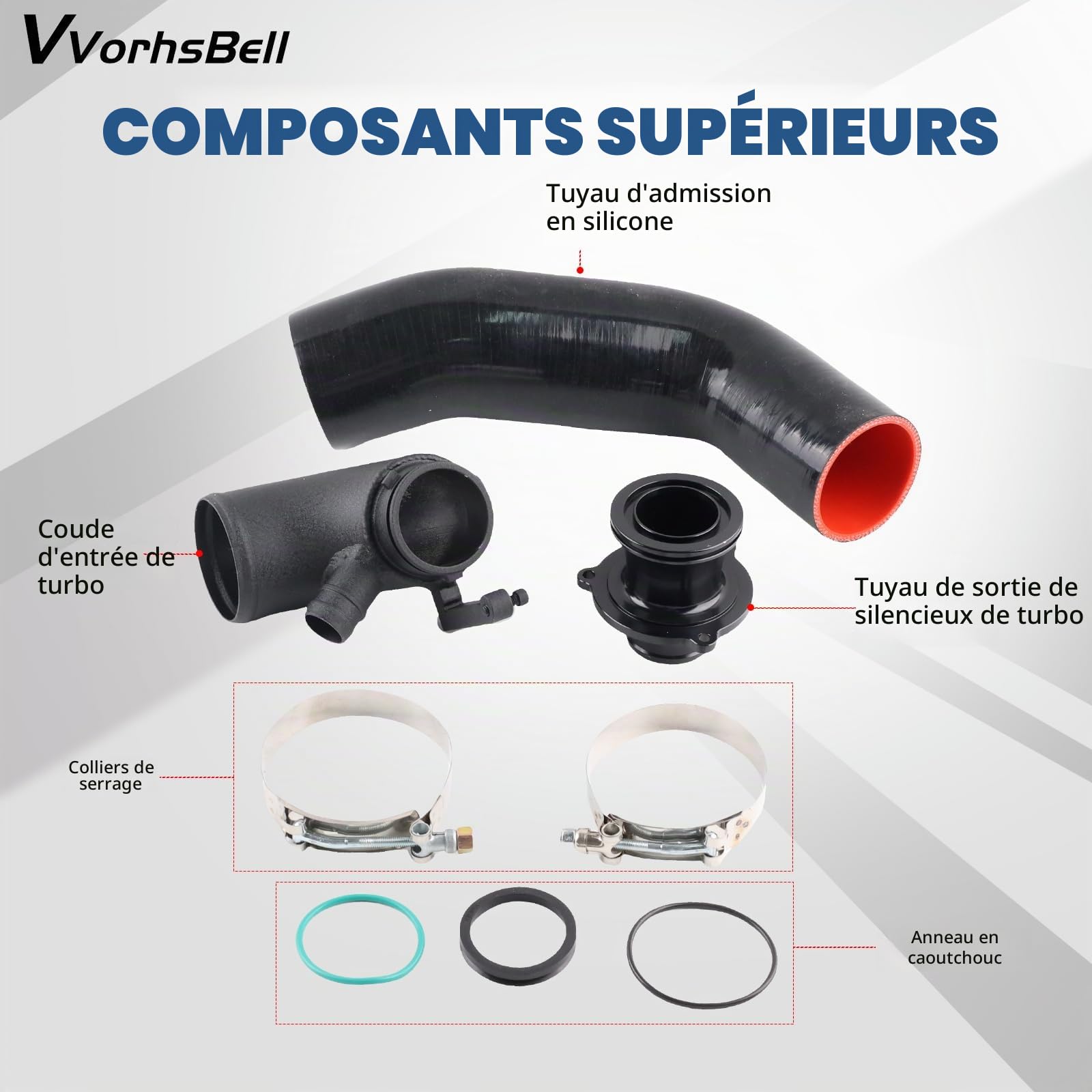 Kit de tuyau d'entrée turbo compatible avec VW Golf MK7/7.5 GTI R Audi A3 S3 8V TT EA888 IS20 IS38 – Coude en aluminium à haut débit, tuyau et silencieux en silicone