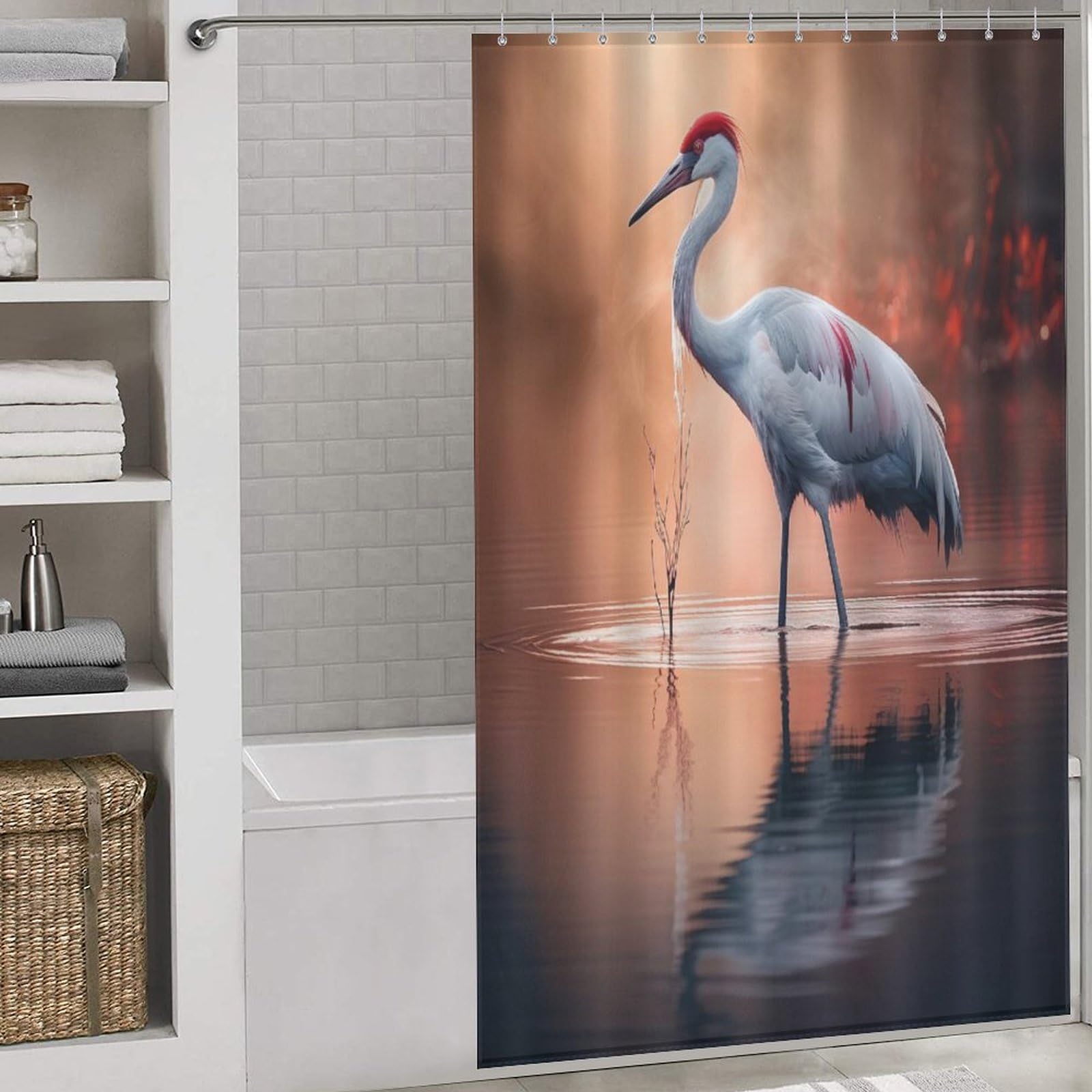 Rideau de douche grue lavable en polyester imperméable 140x183cm avec 12 crochets inclus