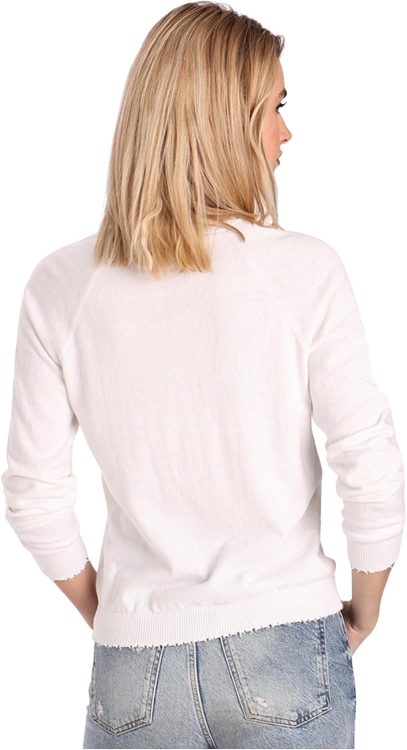 Minnie Rose Women's Long Sleeve Cotton Cashmere Frayed Edge V-Neck Sweater