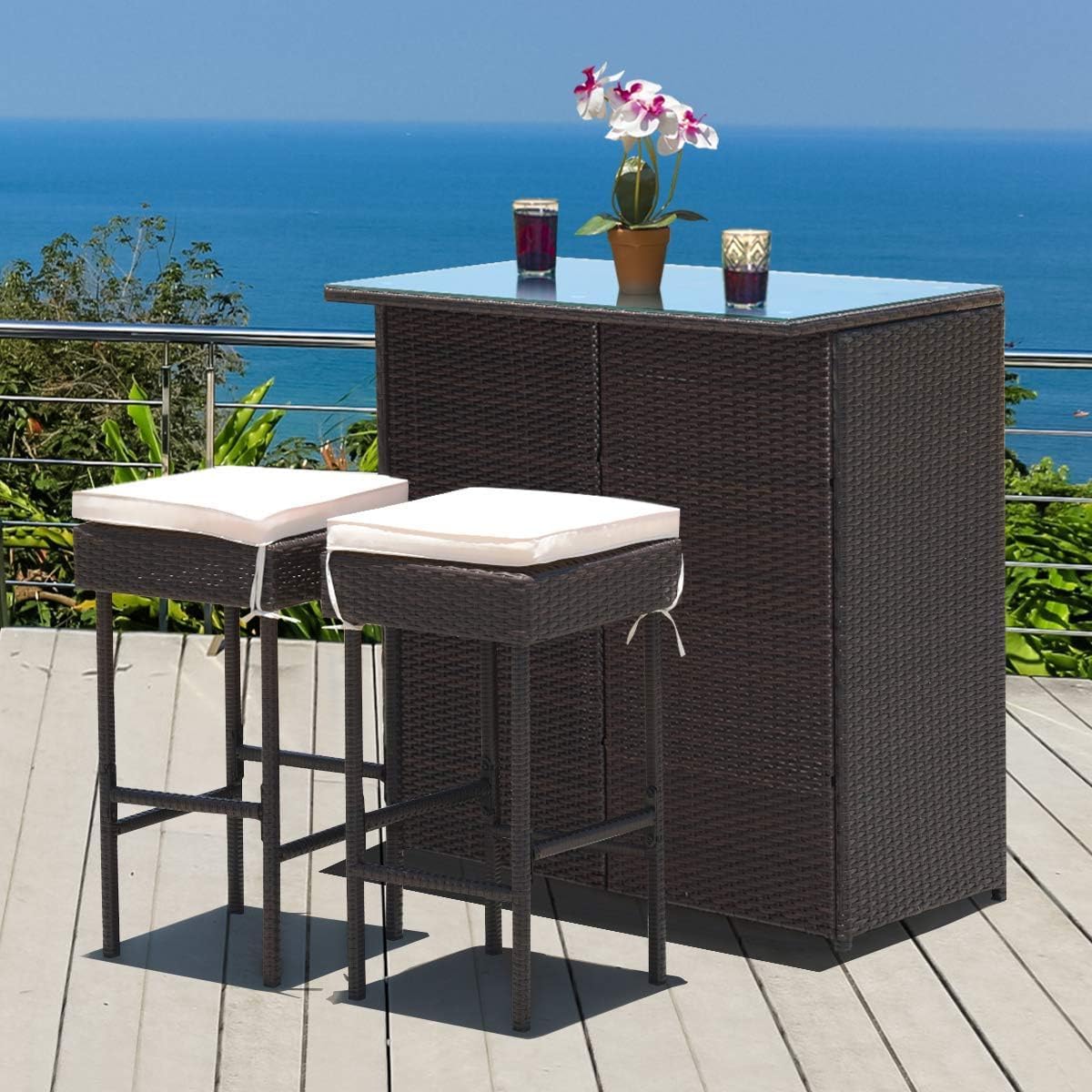 Casart 3PCS Rattan Bar Set, Patio Bar Stools & Table Dining Set for Lawn, Backyard and Garden