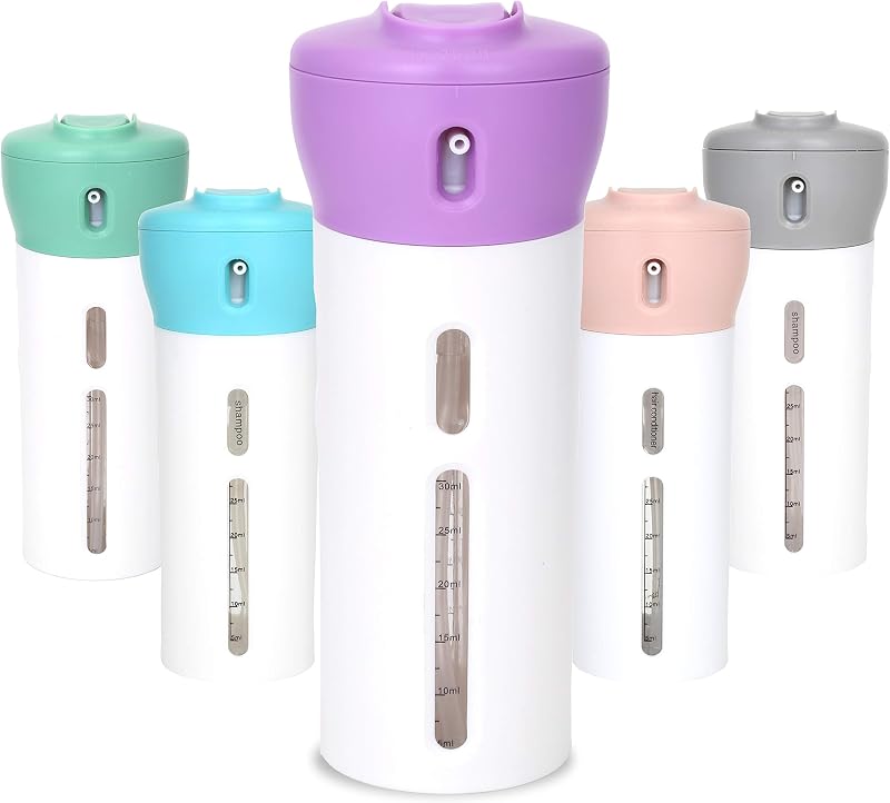 Travigo Frasco dispensador de viagem 4 em 1, 4 recipientes reutilizáveis de 40 mL, roxo