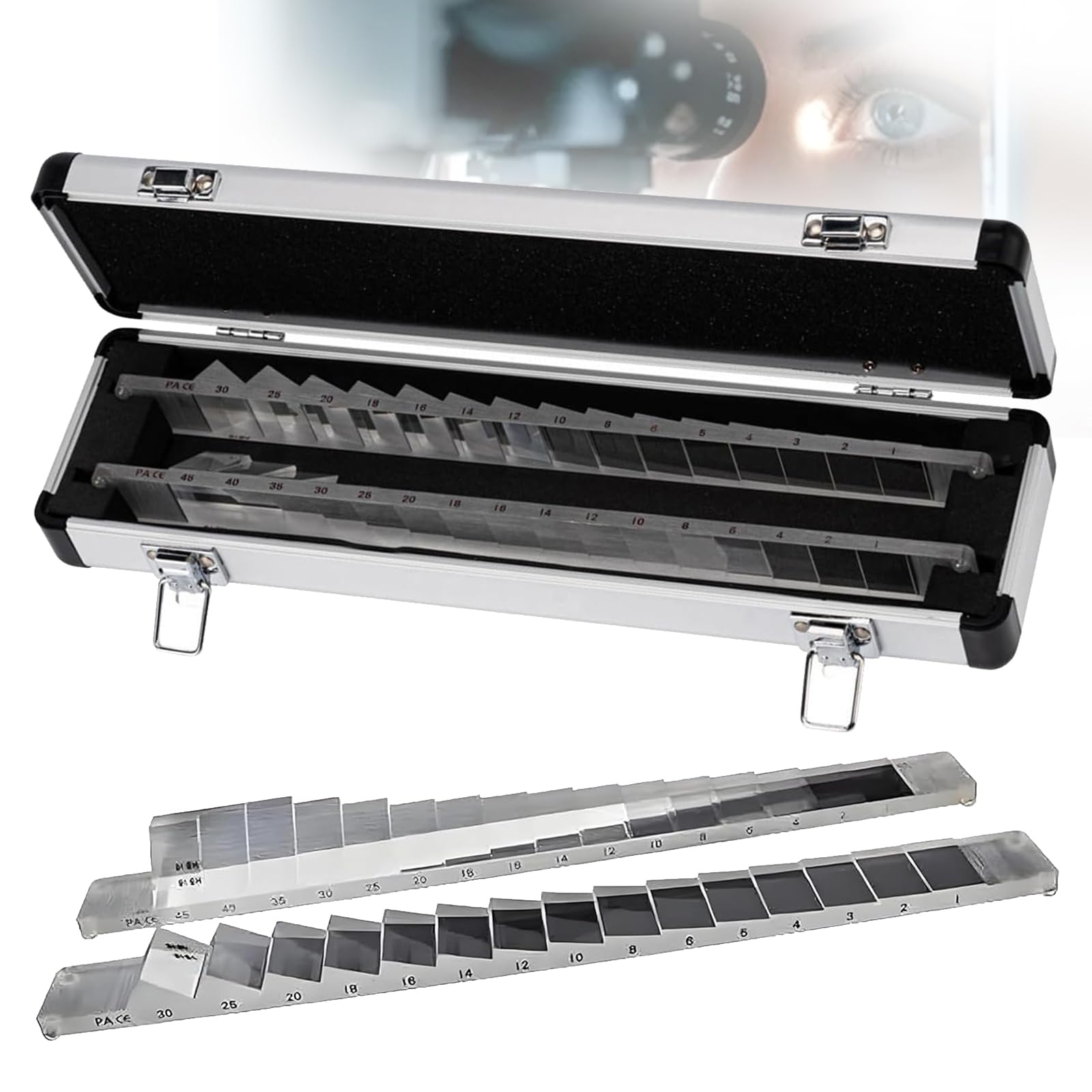 VILA SMO Optical Prism Set For Eye Examination, Ophthalmic Prism Lens Kit, With 16 Horizontal And 15 Vertical Strips, Aluminum Case, Ideal For Optometry, Schools, And Hospitals