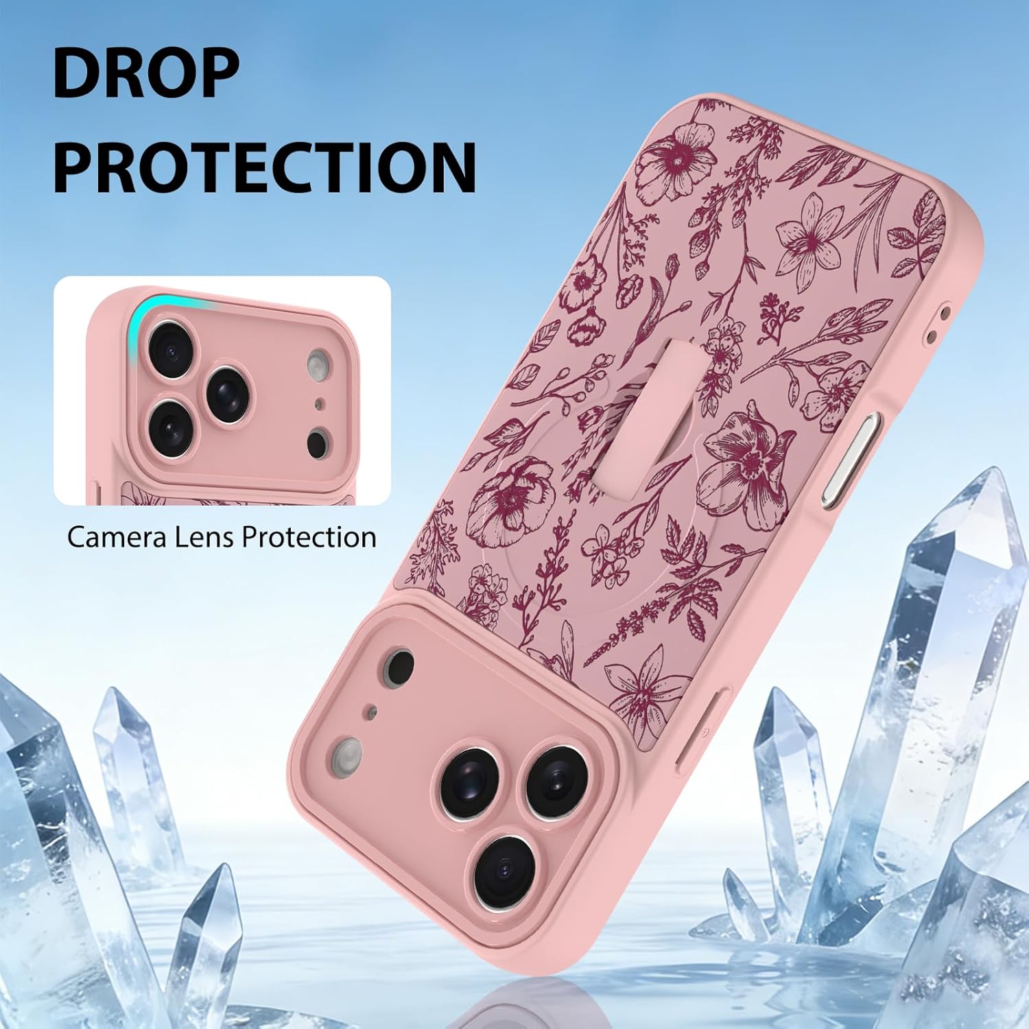 ZIYE Magnetic for iPhone 17 Pro Max Case with Finger Strap Kickstand, Compatible with Magsafe, Aesthetic Elegant Flowers with Phone Case for Women Girls, Slim Full Camera Protection Cover, Pink