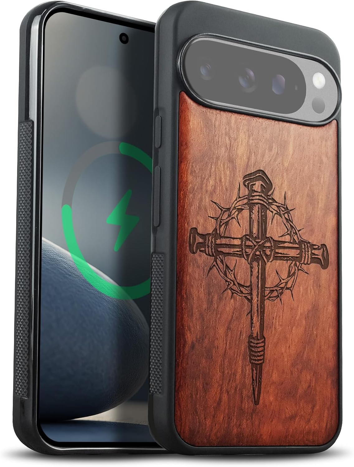 Carveit Magnetic Wooden Case for Google Pixel 10 / Pixel 10 Pro Case, Wood Artisan Engraved & Soft TPU Shockproof Cover, Compatible with MagSafe Wireless Chargers (Crucifix Nails) Rosy