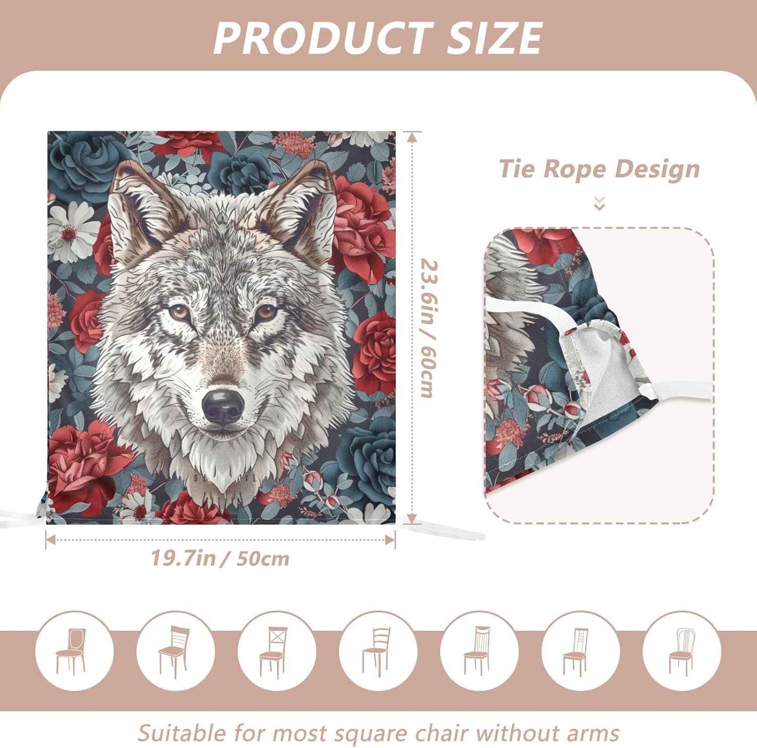 ALAZA Wolf and Floral Chair Back Cover Set of 6, Washable Reusable Removable Chair Slipcovers Decorative Chair Cover for Home Kitchen Wedding Party