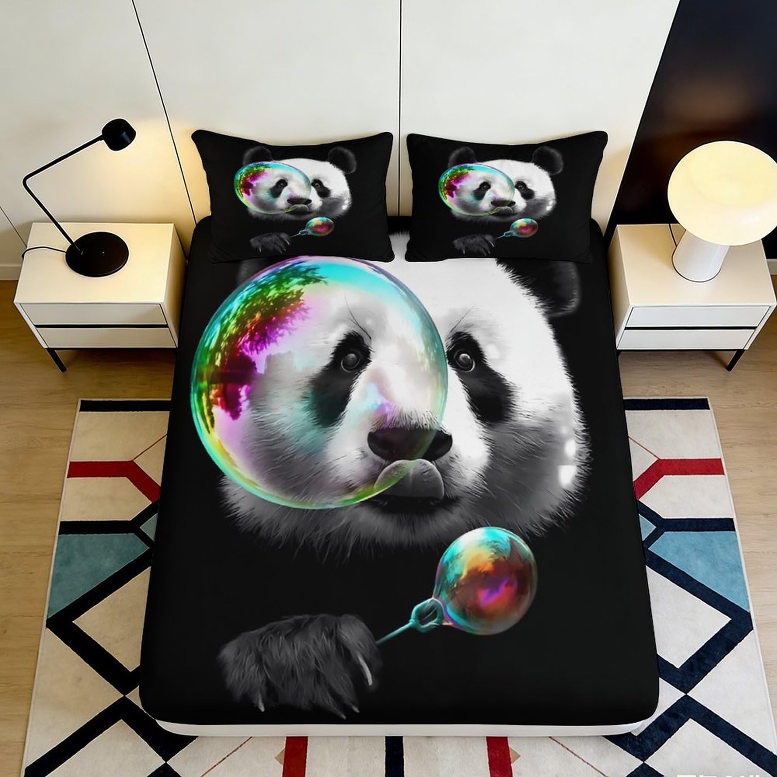 3D Printed Panda Bubble Fitted Sheet Microfiber Soft Black White Animal Bed Cover for Bedroom Dorm Mattress Protection Decor 90x200x25cm