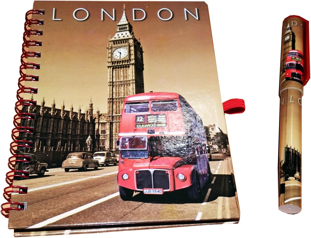 Medium Notebook and Matching Pen with London Red Bus and Big Ben Print - London Souvenir Note Pad