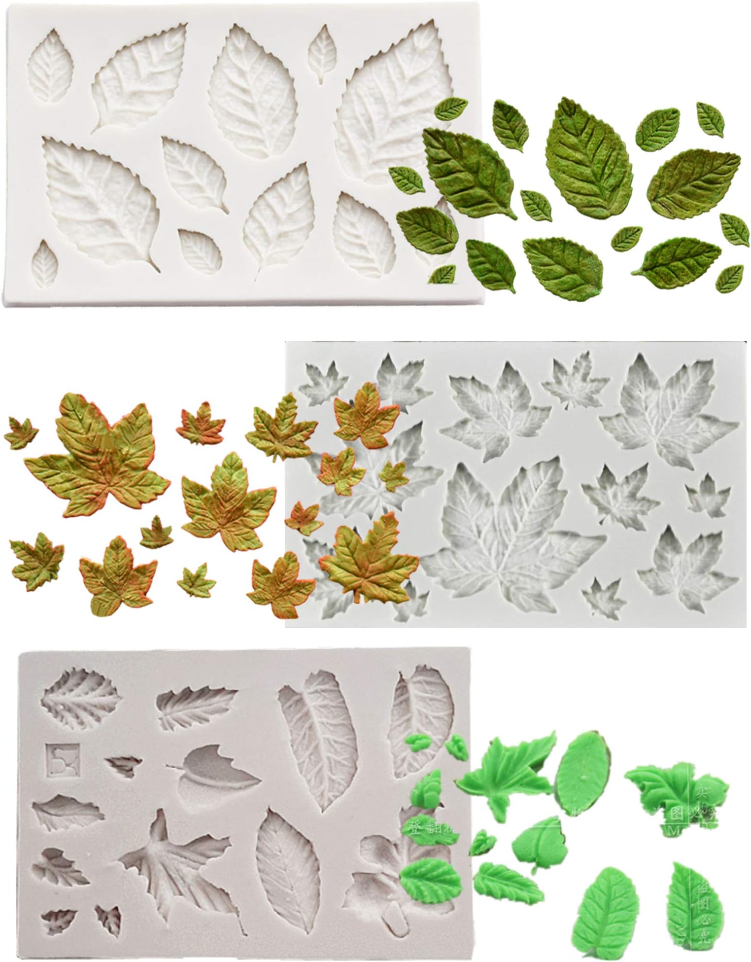 Wootkey Set of 3 Rose Leaf Maple Leaf Grape Leaf Fondant Silicone Mold for Sugarcraft, Cake Border Decoration, Cupcake Topper, Polymer Clay, Crafting Moulds