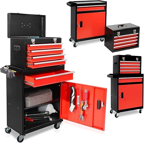 Organizador de caja de herramientas, armarios de almacenamiento de garaje de 5 cajones, ruedas con cerradura y cajones deslizantes, parte superior