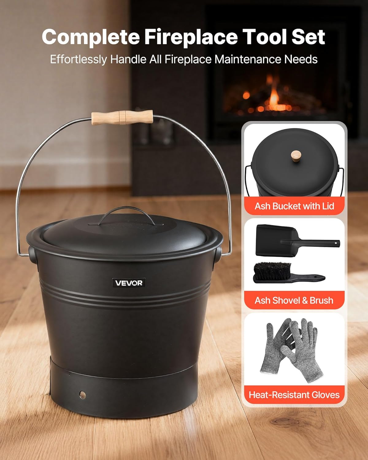 VEVOR Ash Bucket, 4 PCS with Lid, Shovel, Broom and Gloves, Metal Fireplace Charcoal Bucket and Ash Can, 2.6 GAL Large Capacity for Fireplace, Fire Pits, Wood Burning Stoves, Indoor and Outdoor