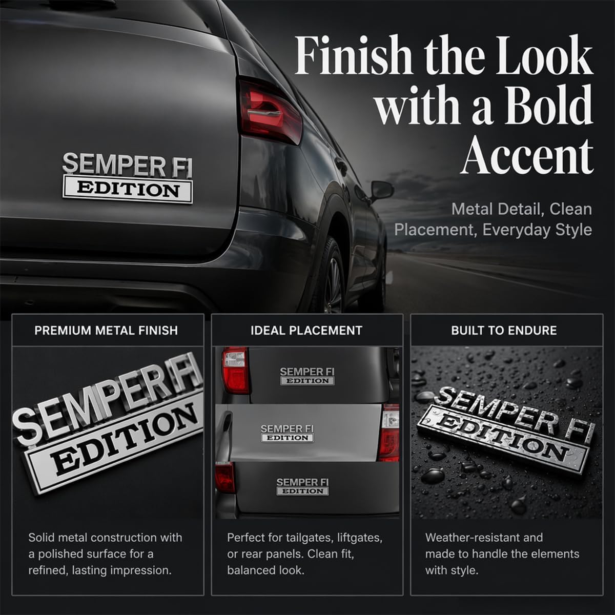 Semper FI Edition Car Emblem Metal Badge, Veteran Military Auto Decal Sticker for Cars Trucks SUVs, Universal Metal Side Fender Tailgate Bumper Badge (Two Colors)