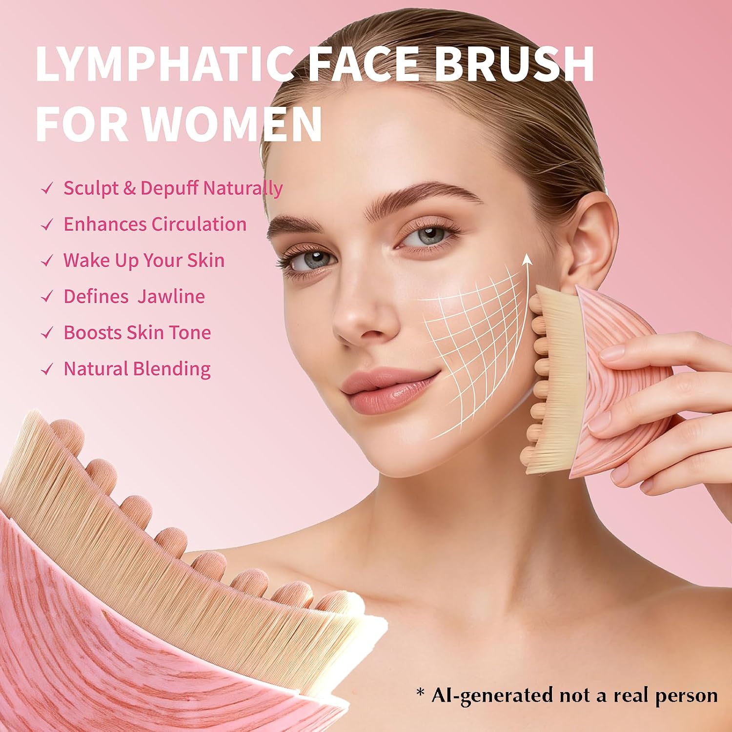 Lymphatic Contour Face Brush for Sculpting and Depuffing, Ultra-Soft Facial Massage Brush for Jawline & Morning Routine, Dry Brushing Skin Care Tool with Storage Case, Pink, 1pc image 2