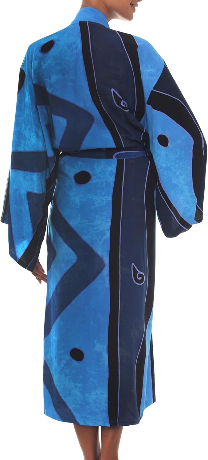 NOVICA Artisan Hand-Painted Long Kimono Patterned Robe with Pockets for Women Lightweight Loungewear from Indonesia 'Tropical Sea' - Image 7