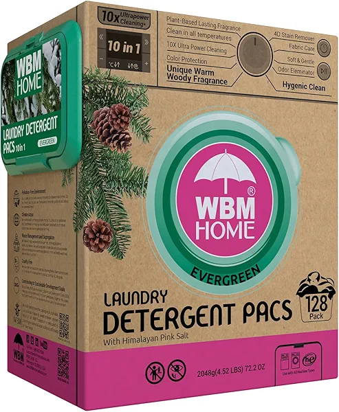 WBM Laundry Detergent Pods - Ultra-Concentrated, Hypoallergenic, Stain-Fighting, Evergreen Scent, 128-Pack, Recyclable Packaging for Eco-Friendly Cleaning